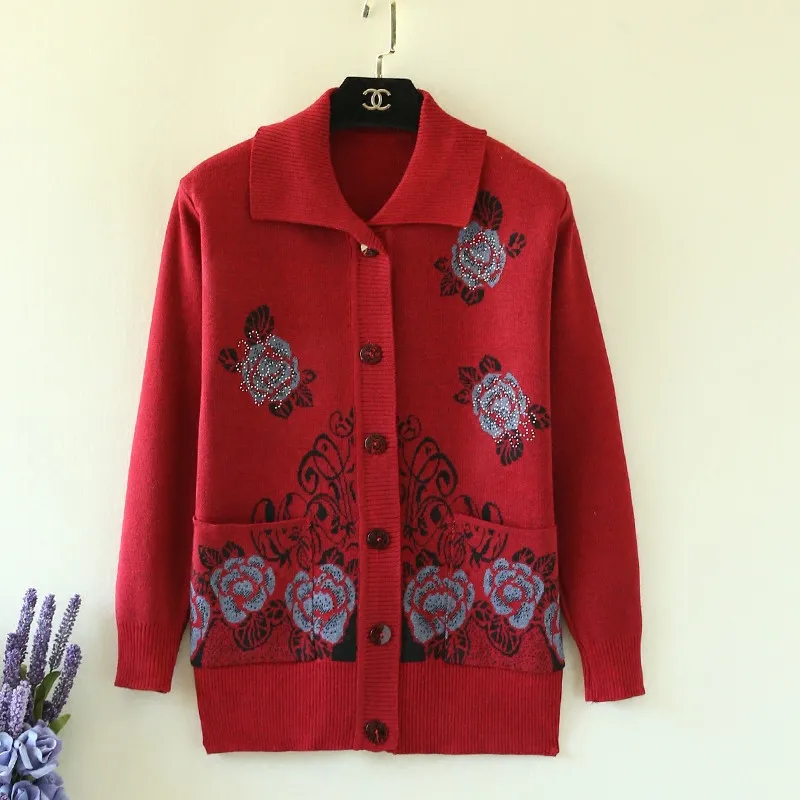 UHYTGF dzianinowy, wiosenny jesień swetry damskie płaszcze typu Basic Fashion Flower Print Cardigans damskie jednorzędowe eleganckie topy 61