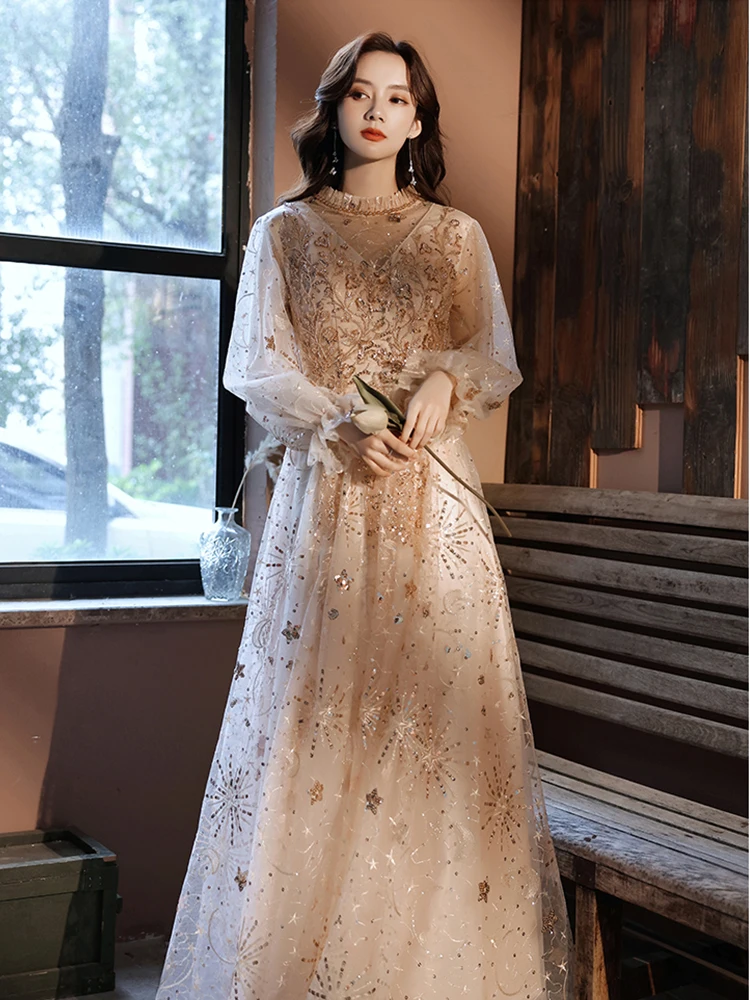 Gorgeous Champagne Evening Dress Stand Collar Full Sleeve Sequined Wedding Party Gown Women A-Line Slim Long Dress 2023