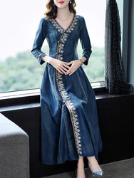 TIYIHAILEY Fashion S-4XL Dress Women Long Maxi V-neck Chinese Style Three Quarter Embroidery Single Breasted Dress