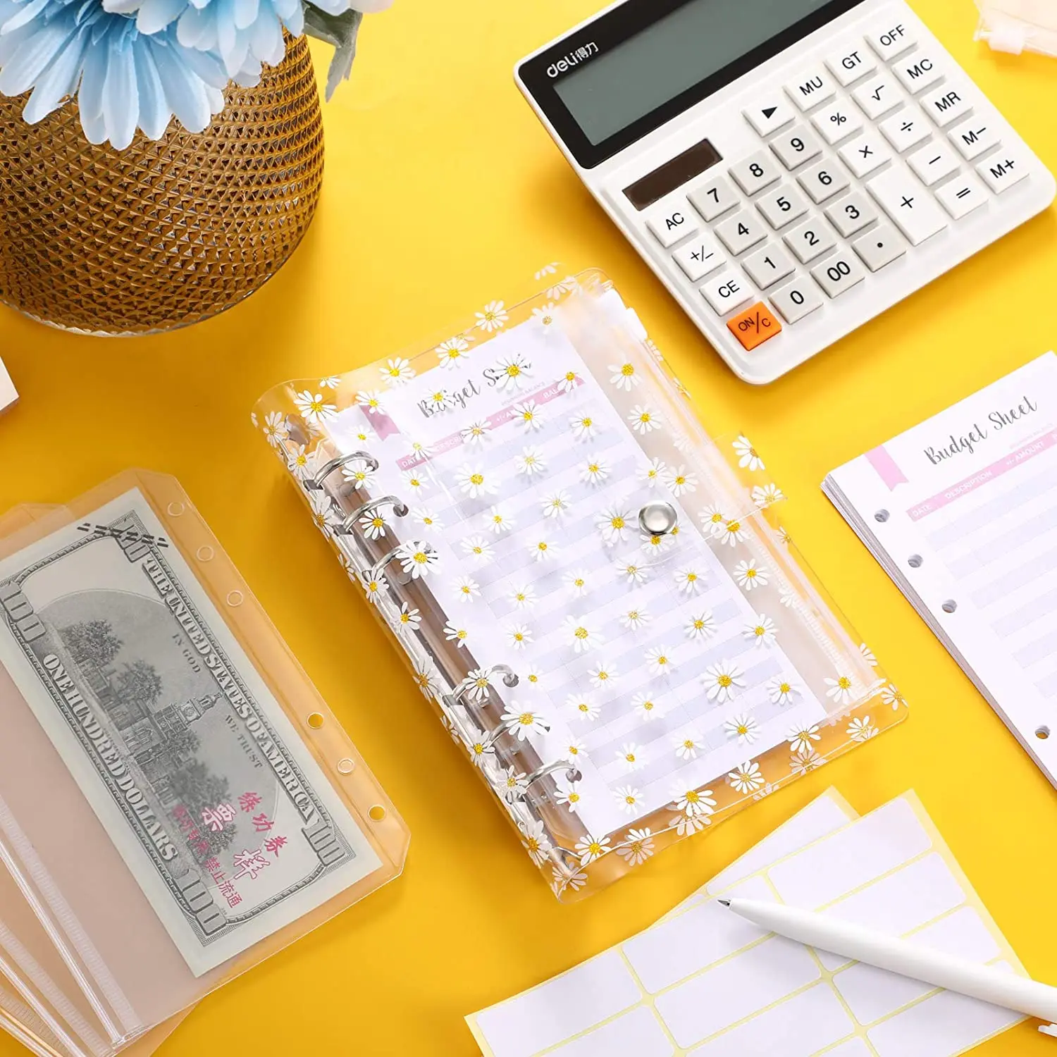 27 Pieces A6 Binder PVC Notebook Cover Budget Envelopes System  Planner with 12 Clear Zipper Pockets, Budget Sheets and Labels