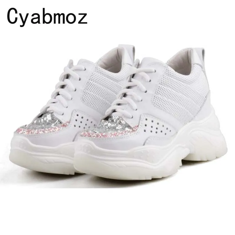 women high platform Invisible heels 8cm/10cm sneakers genuine leather casual shoes breathable comfotable pumps