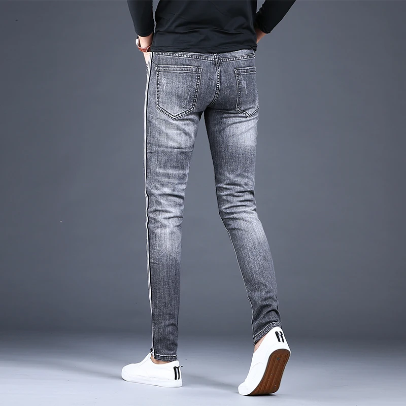 Men's Gray Black Side Stripe Jeans Fashion Stretch Denim Slim Fit Pencil Pants Korean Style Trousers