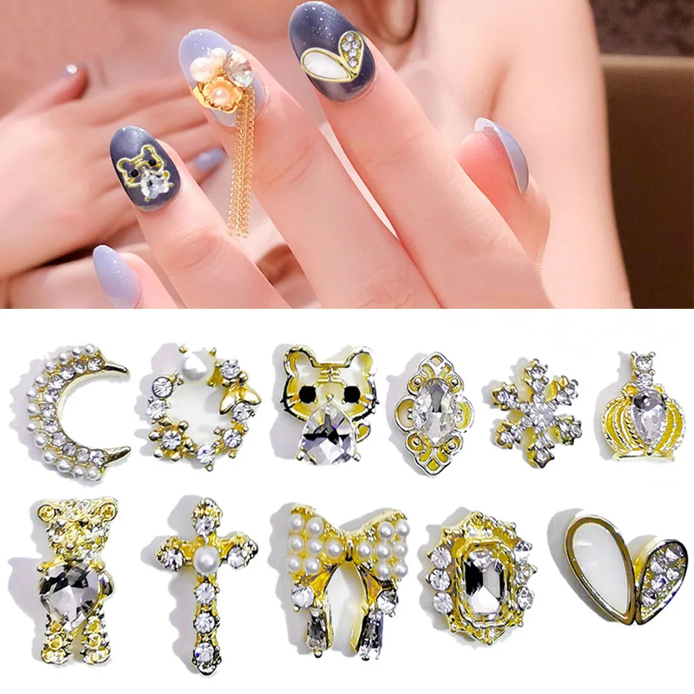 

10Pcs/lot Nail Art Charms Alloy Tiger Bear Snowflake Ring Pearl Bow Cross Crown Decoration Nail Jewelry Pearls Loose Rhinestones