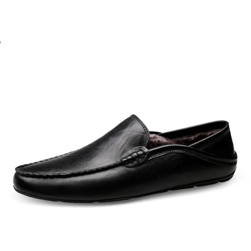 Winter Warm Fur Loafers Mens Genuine Leather Handmade Driving Men Shoes Casual Italian Luxury Brand Man Solid Slip-On Breathable