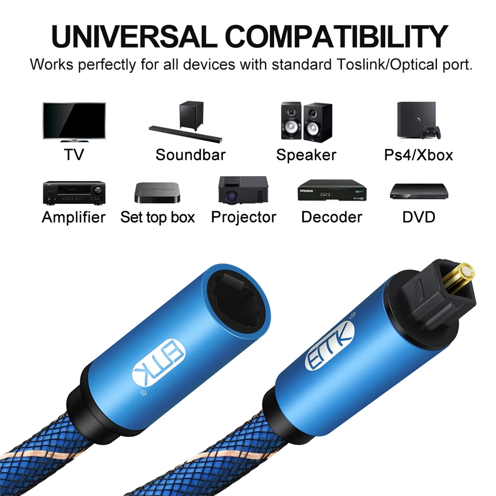 Cable de extensión de Audio óptico EMK macho a hembra, Cable Toslink Digital, Cable de fibra óptica, chaqueta trenzada para TV, DVD, altavoz