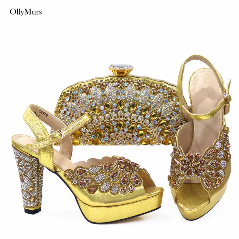 Italian Fashion PU With Crystal Woman Shoes And Bag To Match Set For Party Summer Style High Heels Shoes And Purse Set On Stock