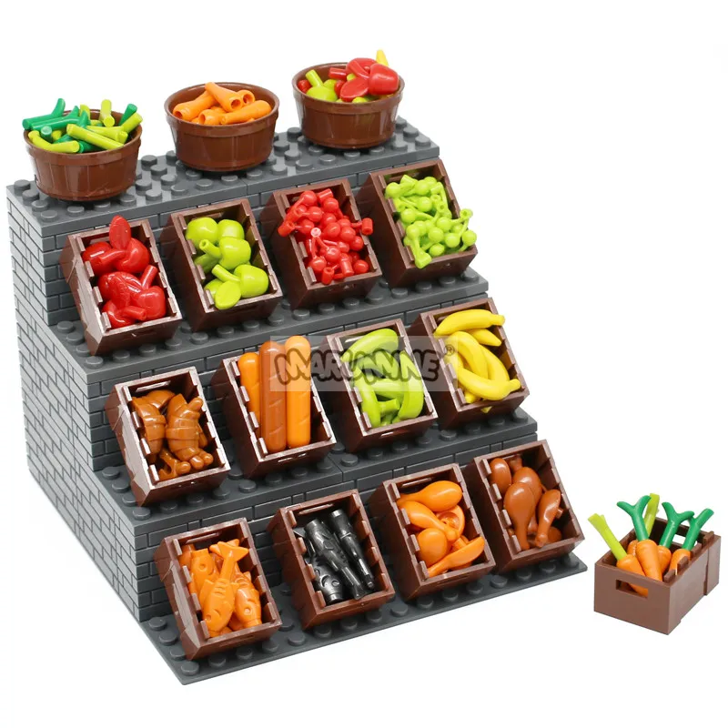 MOC Building Blocks Accessories Bulk  Bricks Parts Food Fruit Apple Banana Frish Dish Bread Drumstick Hot Dog for Construction