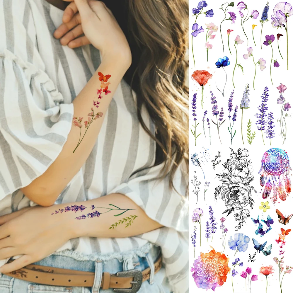 

Watercolor Lavender Reed Morning Glory Flower Tattoos Temporary Women Sexy Custom Tattoo Stickers Flash Fake Girls Tato Ankle