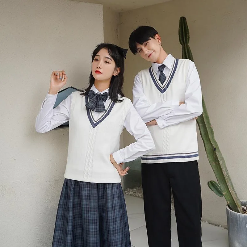2021 coreano uniforme scolastica manica lunga maglione gilet moda scollo a v stile britannico Pullover scuola ragazza ragazzo maglione bianco maglia