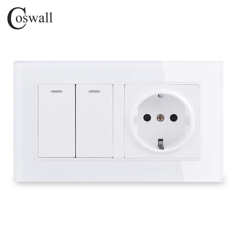 COSWALL Crystal Glass Frame Russia Spain EU Standard Wall Socket Grounded + 2 Gang 1 Way On / Off Light Switch 146*86mm