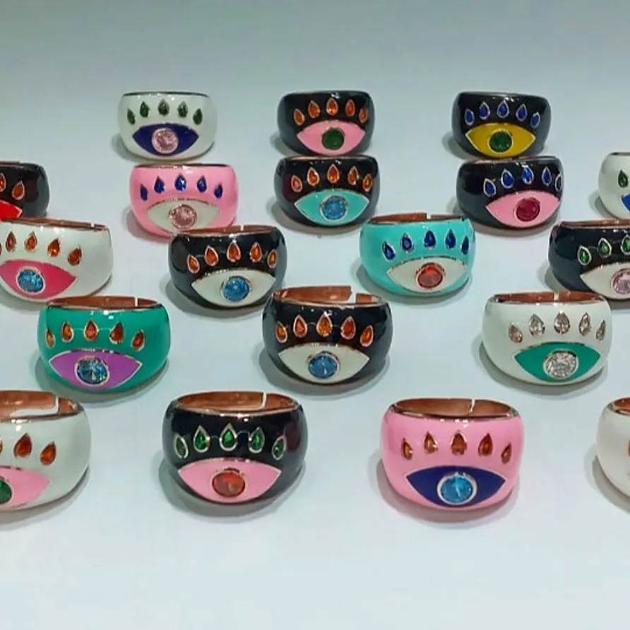 Open #7 Rose Gold Color Pink White Blue Black Colorful Enamel Lucky Turkish Evil Eye Big Women Finger Ring