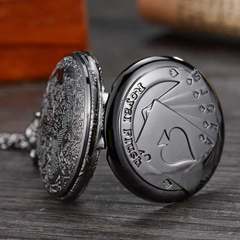 Antique Black Vintage Gambling Royal Flush Poker Cards Lucky A Quartz Pocket Watch Necklace Pendant Chain Gift Reloj De Bolsillo