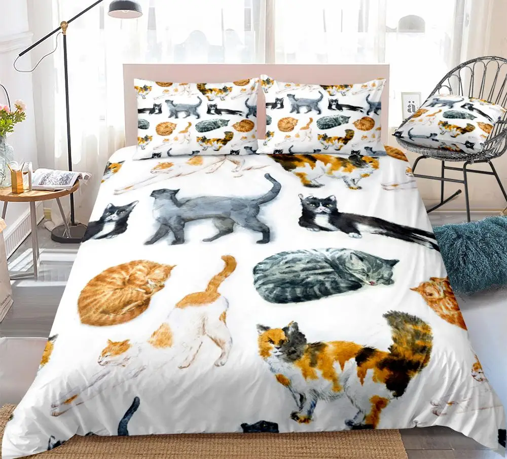 Watercolor Cats Duvet Cover Set Animal Bedding Kids Boys Girls White Quilt Cover Queen Home Textiles White Bed Set 3pcs Dropship