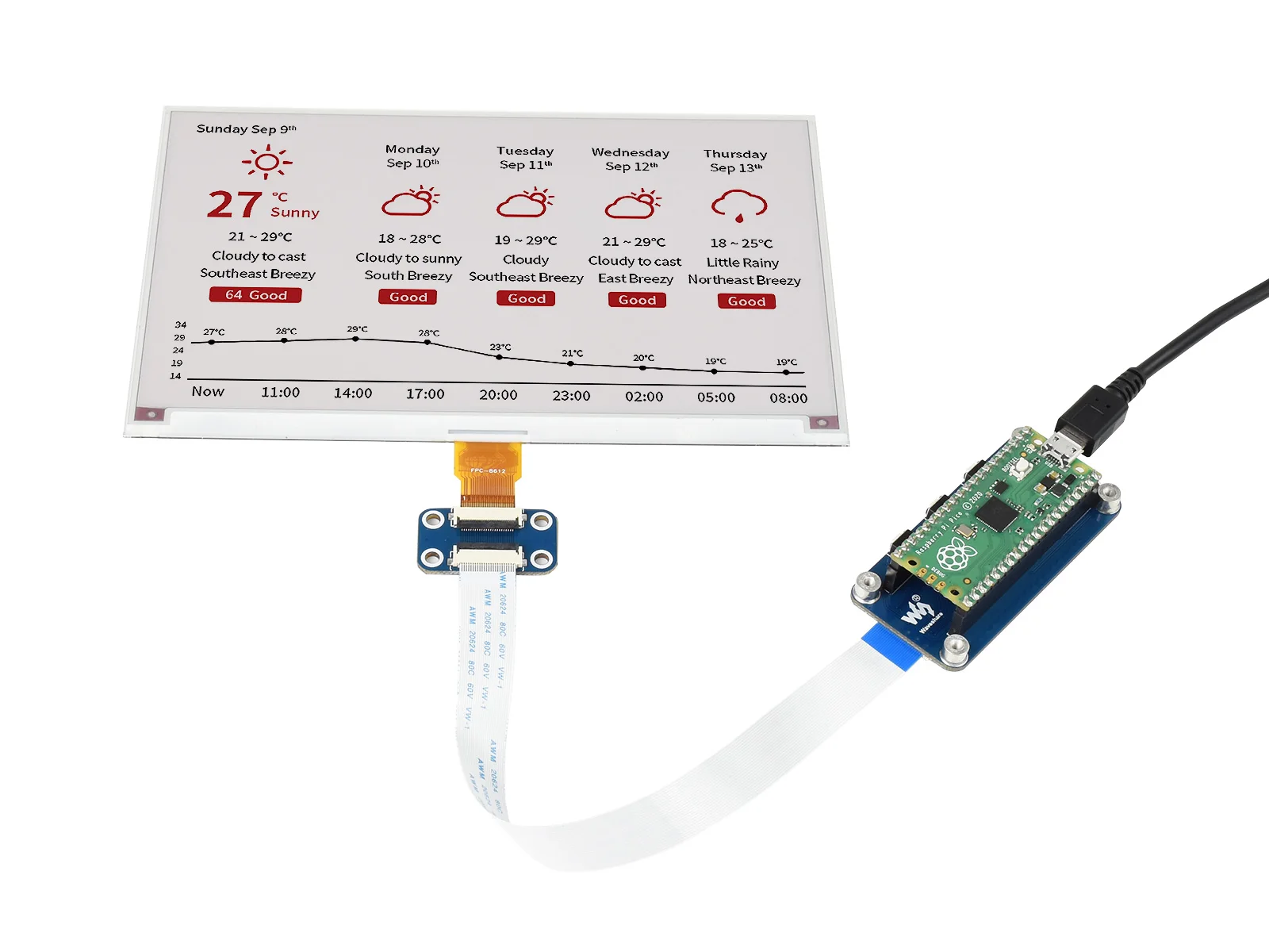 Módulo de pantalla de tinta electrónica de papel electrónico de 7,5 pulgadas tipo B, para Raspberry Pi Pico, 800 × 480, Re /Blac /Blanco, SPI, baja potencia, efecto similar al papel