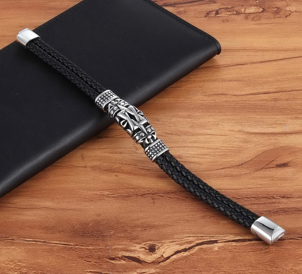 TYO رائجة البيع الكلاسيكية الرجال المجوهرات الأساور الجلدية أساور الفولاذ المقاوم للصدأ حبل أسود سلسلة موضة معصمه للذكور المغناطيس