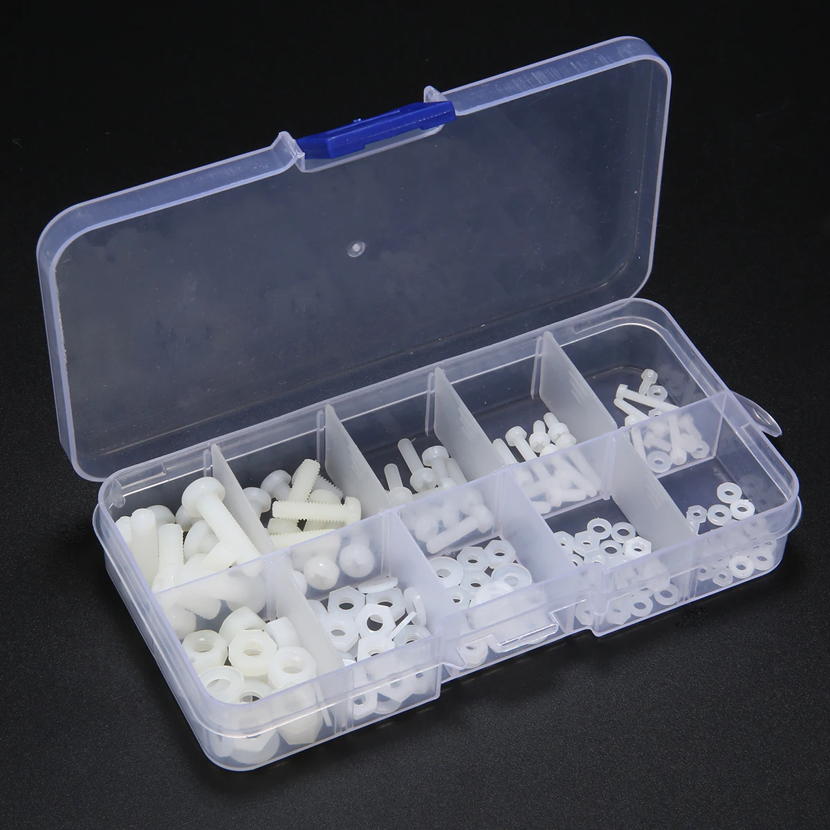 ホワイトナイロン六角ネジ,150個,m2.5,m3,m4,m5,ボルトナット,プラスチックボックス付きスペーサーキットプレート,耐食性