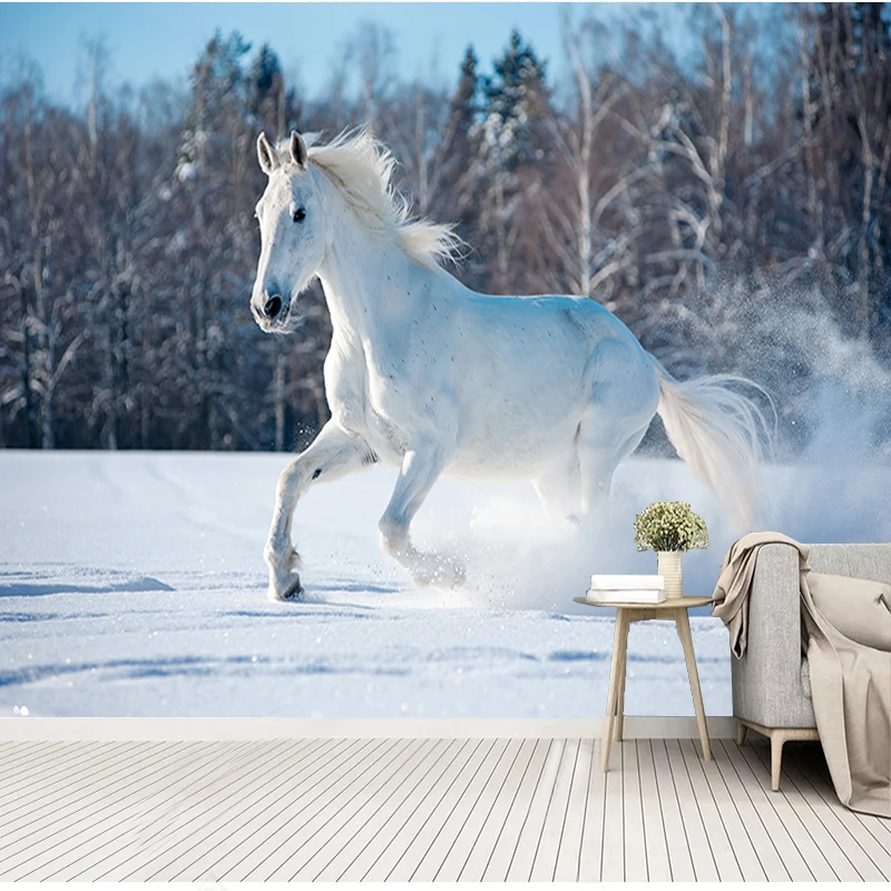 White Horse Running On Snow Photo Murals Wallpaper Living Room TV Bedroom Art Wall Cloth Waterproof Eco-Friendly Papel De Parede