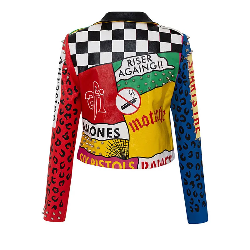 Women Colorful Graffiti Leather Jacket，Punk Rock Rivet Unique Motorcycle Coats and Jackets Letters Printing