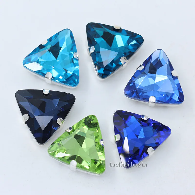 Crystal Glass triangle with silver claw rhinestone sew on Claw Setting glass stones for jewelry Clothing accessories decoration