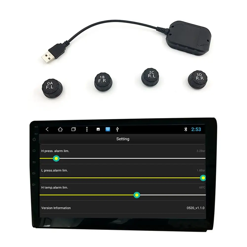 1Set USB TPMS Car Tire Pressure Monitoring System With 4 External Sensor For Android Navigation