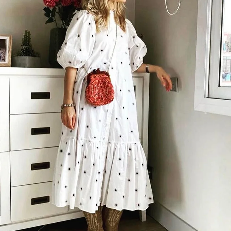 TEELYNN puff sleeve midi women dresses vintage polka dot dress white cotton floral embroidery summer dress casual party vestidos