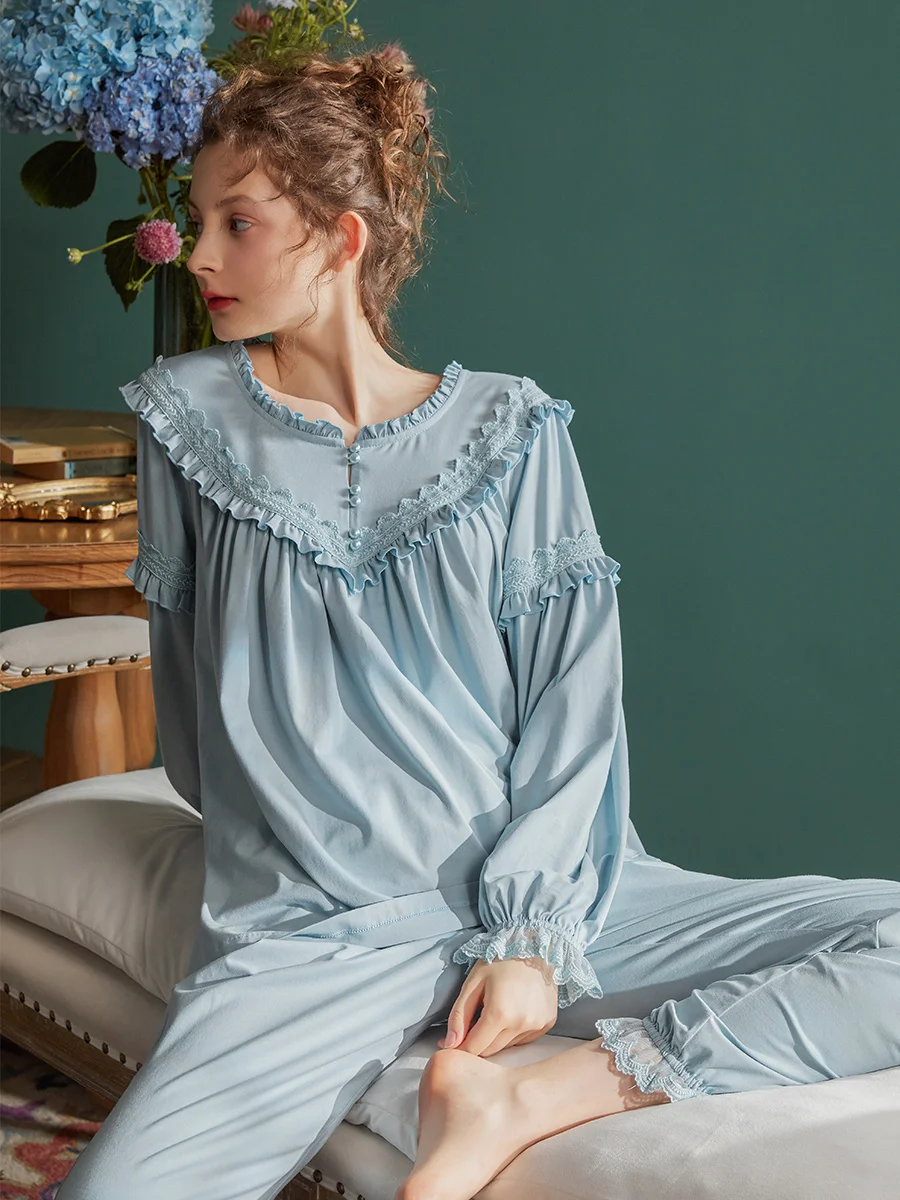 Hanxiuju Spring Autumn Royal Vintage Pajamas Sets For Lady Soft Cotton Long Sleeve Sleepwear Comfortable Home Clothes