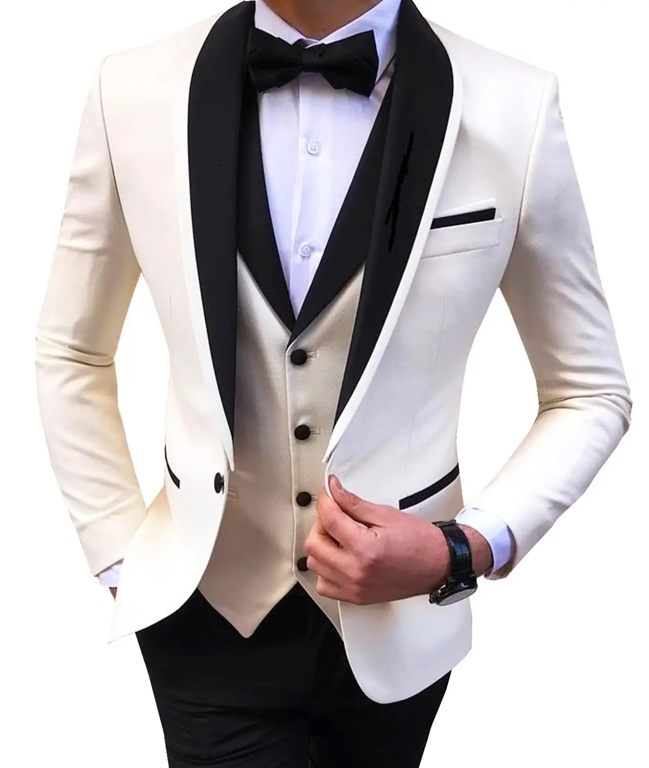 Costume 3 pièces blanc col en V pour homme, Tuxedos décontracté à revers cranté, costume pour mariage (veste + pantalon + gilet)