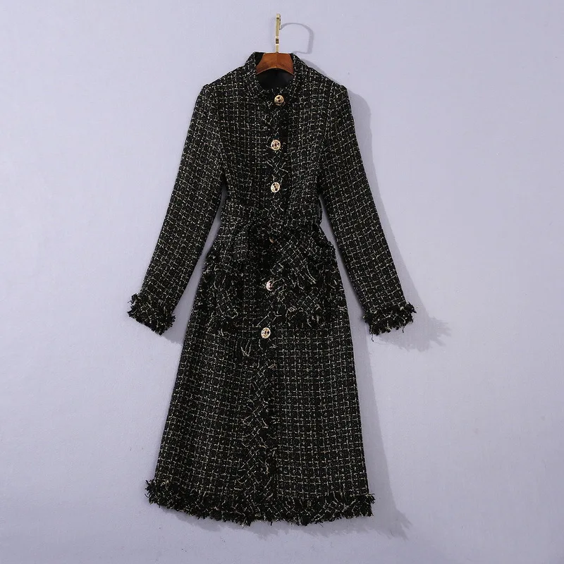 European and American women's wear 2020 winter new style Long - sleeved elegant buttons lace-up single breasted tweed coat