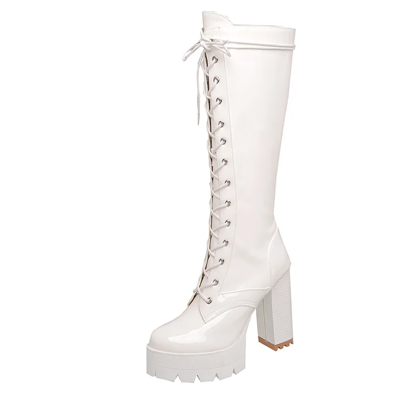 Gdgydh Patent Leder Weiß Kniehohe Stiefel Schnüren Damen Plattform Stiefel High Heels Mode Nachtclub Party Schuhe Großhandel 3
