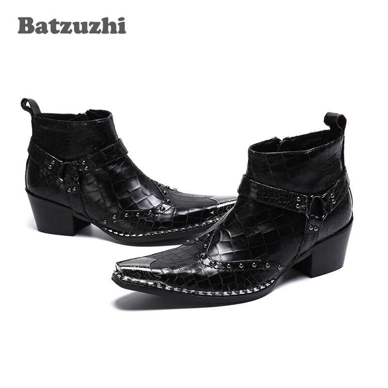 

Batzuzhi Black Genuine Leather Boots Fashion Men Boots Pointed Metal Tip Ankle Motorcycle Boots Punk 6.5cm High Heels