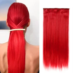 22Inch 5 Clips in Hair Extensions For White Women Long Straight Synthetic Hairpiece High Temperature Fiber Ombre Red Brown Hair