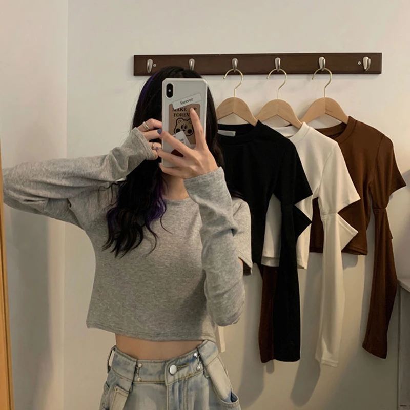 Crop Top Fall 2021 Women Fashion Sexy Sweet Slim Inside Long Sleeve T Shirt Ripped Hole Black White Gray Oversized Punk Clothing