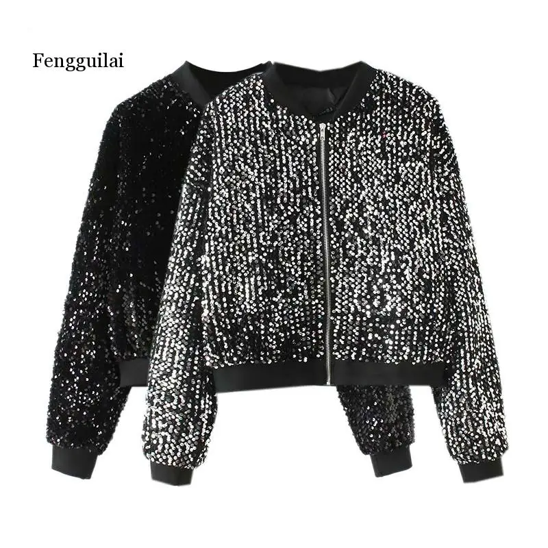 

Autumn Women Chic Sequined Jacket Coats Pockets Long Sleeve Zipper Design Outerwear Vintage Female Casual Fashion Tops