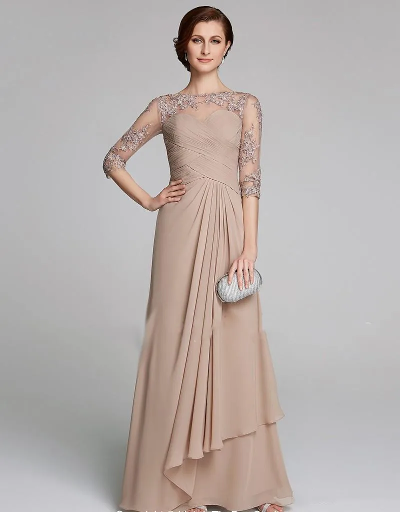 Modest Champagne Mutter der Braut Kleider Plus Größe Geraffte Spitze Applique EINE Linie Chiffon Hochzeit Gäste Kleid Mütter Formale