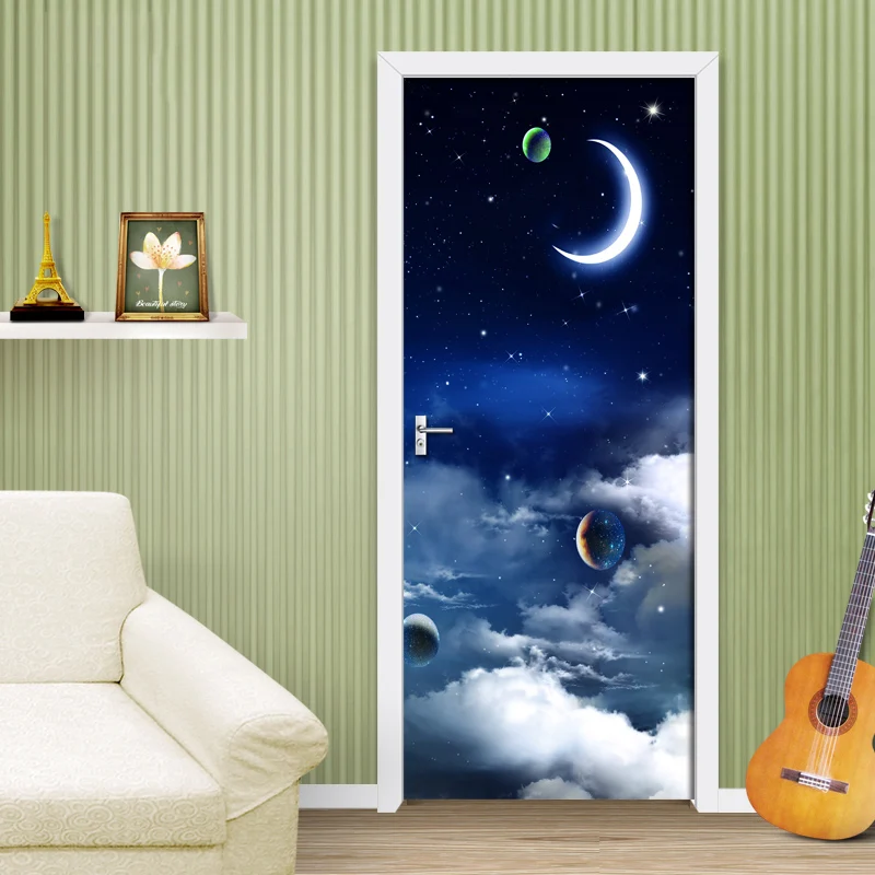 

Blue Starry Moon Door Sticker PVC Self-adhesive Waterproof DIY Detachable Decal Wallpaper Living Room Bedroom Door Decor Poster