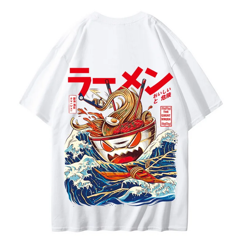 Japanese Harajuku T-Shirt Men 2021 Summer Hip Hop T Shirts Noodle Ship Cartoon Streetwear Tshirts Short Sleeve Casual Top Cotton