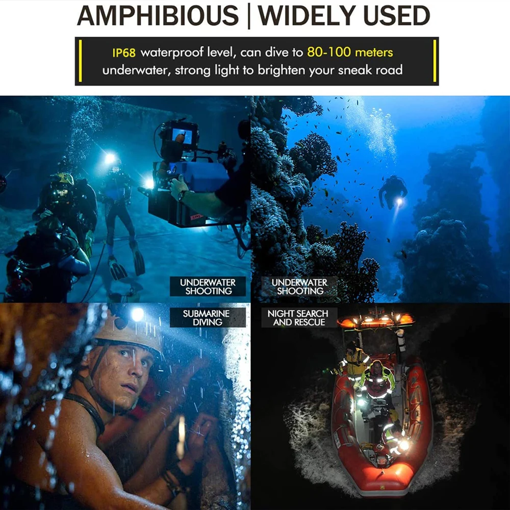 Professional Diving LED Flashlight Underwater Lights IP68 Waterproof Rating Dive Light 5 Lighting Modes for Diving Activities