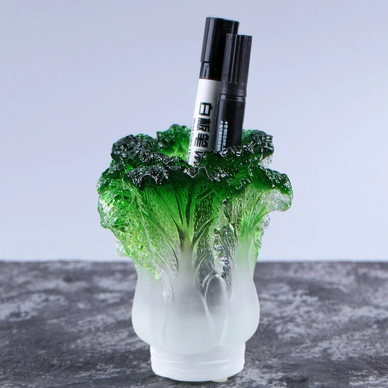 Superior Quality Study Desktop Pen Holder Ornament Home Chinese Genuine Liuli Cabbage Teacher Gift Wine Cabinet Auspicious Decor