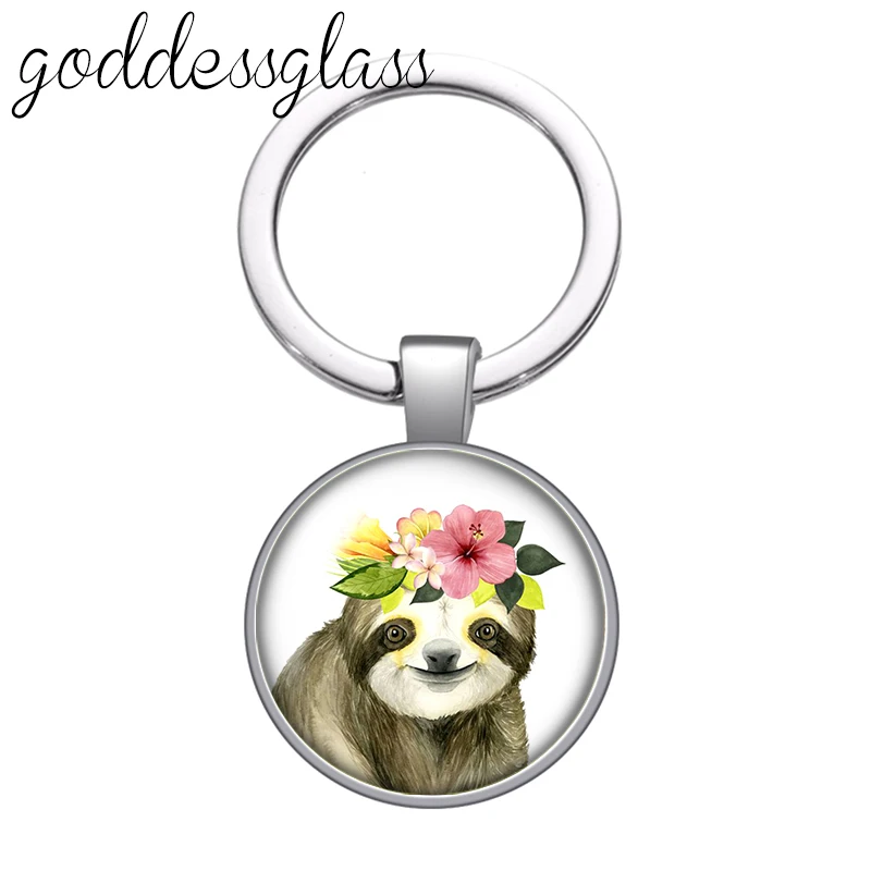 Cute sloth Flowers Drawings bradypod glass cabochon keychain Bag Car key chain Ring Holder Charms keychains gift