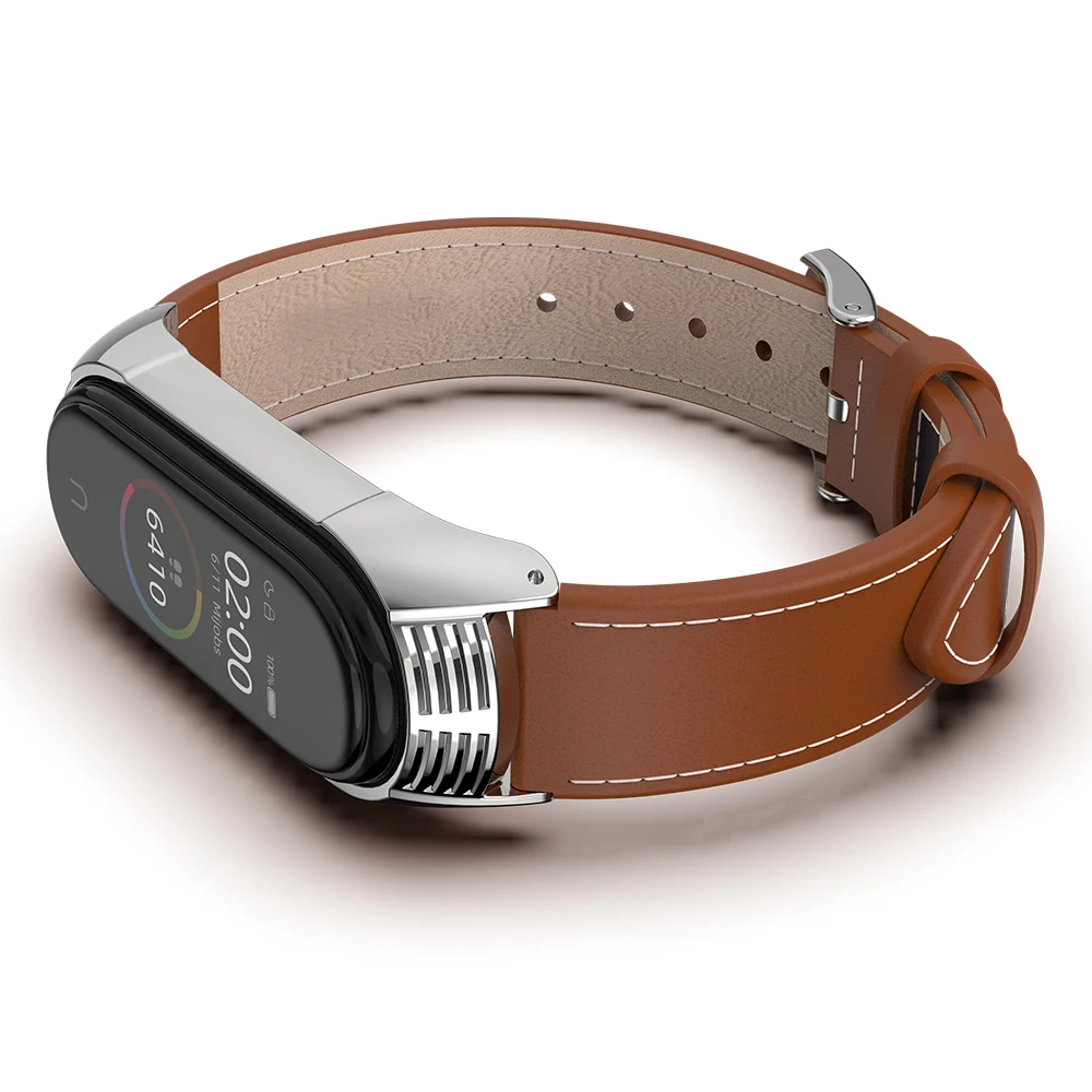 Браслет для Mi Band 6, 5, 4, 3, из натуральной кожи, металлический ремешок для Xiaomi Pulseira Opaska Miband 4, браслет NFC