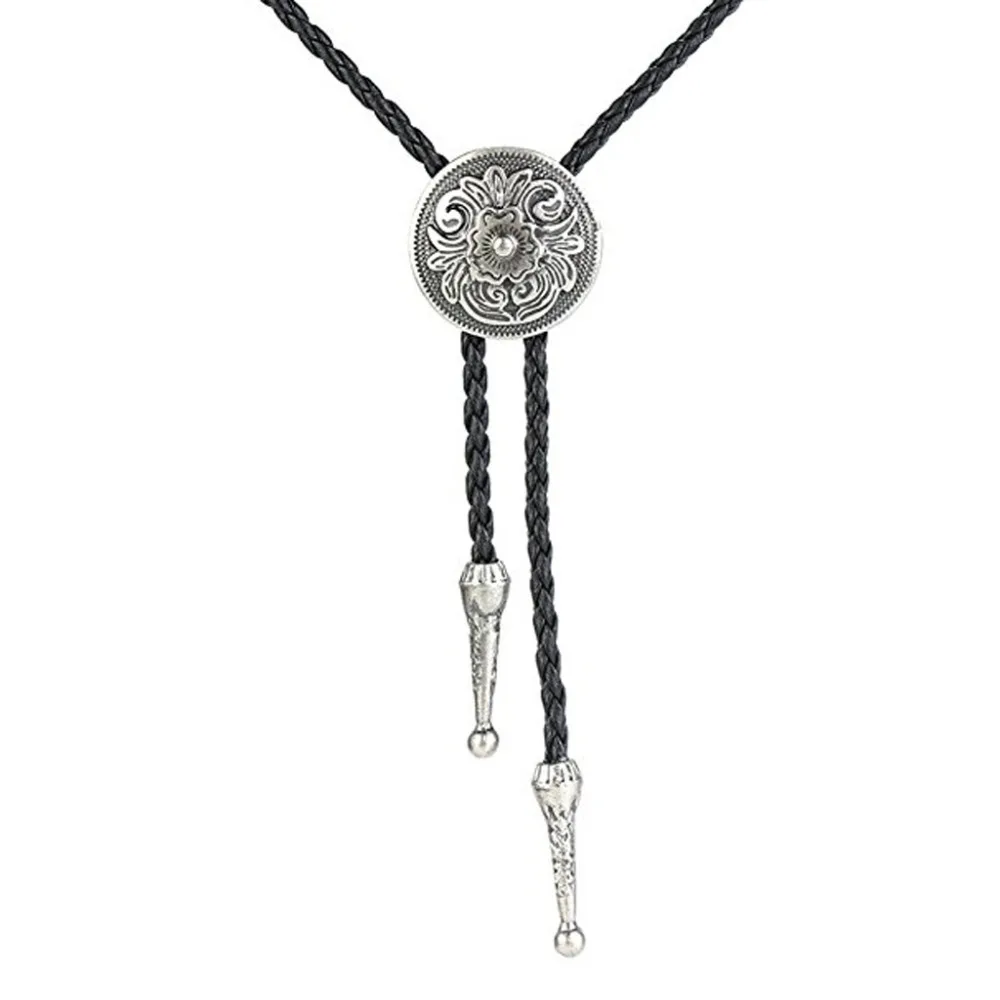 Art Bolo Tie Antique Brass Silver Color Flower Totem Round Buckle Adjustable Western Cowboy Novelty Ties