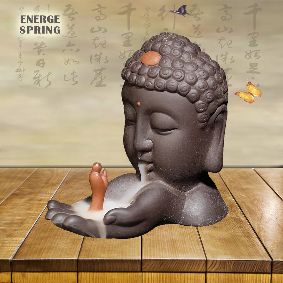 

2021 New Purple Clay Back Flow Incense Burner Home Decorations Zen Buddha Head Incense Burner Waterfall Incense Holder