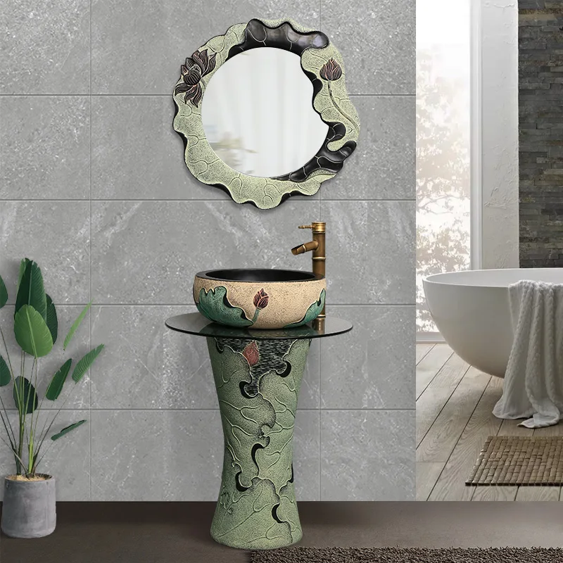 New Chinese Lotus Pedestal Basin Bathroom Balcony Integrated Floor-Standing Small Zen Courtyard Outdoor Basin Small Apartment