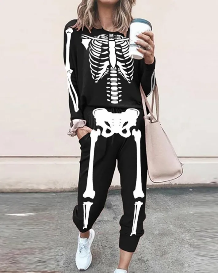 wsevypo Women Halloween Two-piece Pants Sets Autumn Streetwear Black Skeleton Printed Pullover Tops and Harem Pants Female Sets