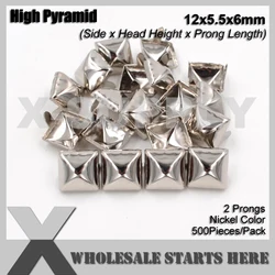 (12x5.5x6mm) Punk High Square Pyramid Stud With 2 Prongs Silver Nickel Color For Leather Belt,Bracelet,Handbag,Dog Collars