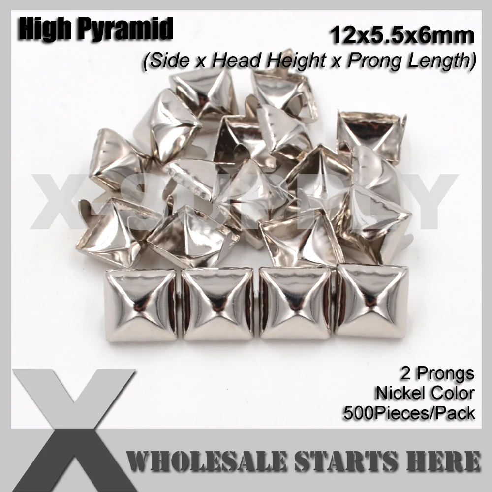 (12x5.5x6mm) Punk High Square Pyramid Stud With 2 Prongs Silver Nickel Color For Leather Belt,Bracelet,Handbag,Dog Collars