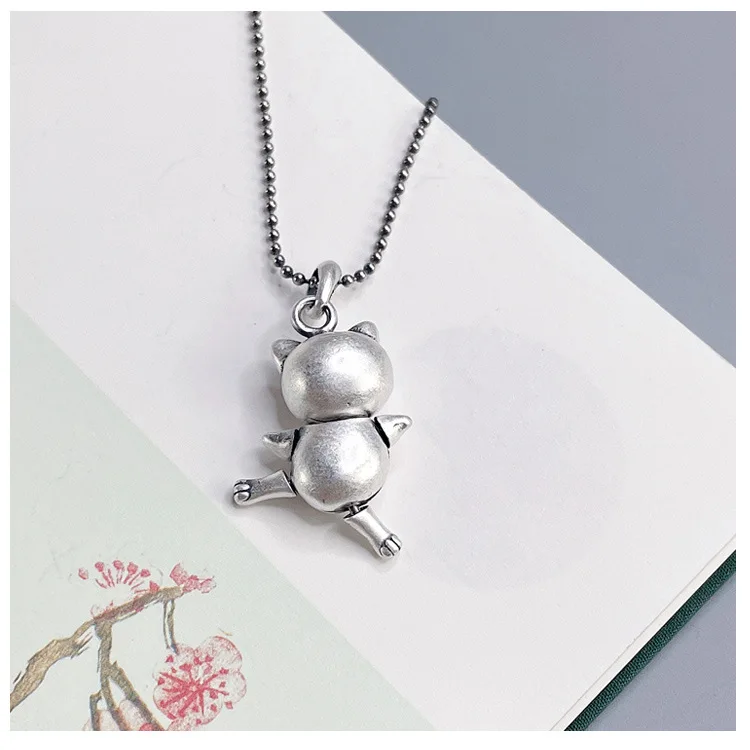 100% 925 sterling silver beckoning cat movable hands and feet playful good luck cat necklace pendant