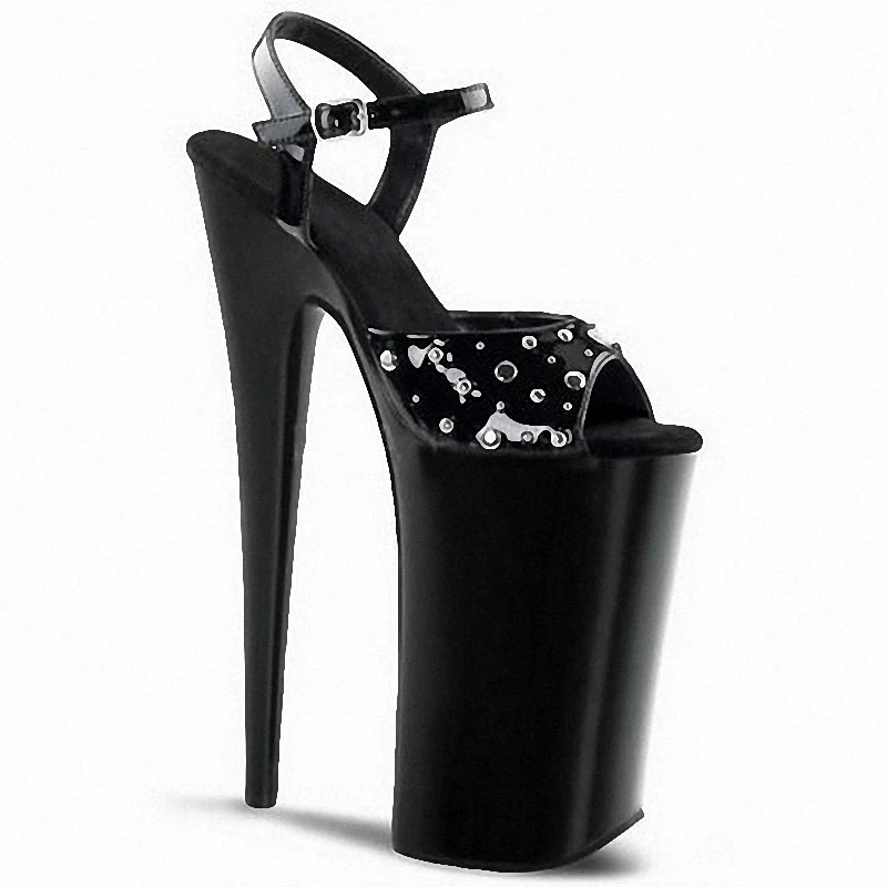 New Style Black Rivet Patent Leather Baking Paint Gothic Punk Women\'s Pole Dance Shoes 8 Inch High Stripper Heeled 20cm Buckle