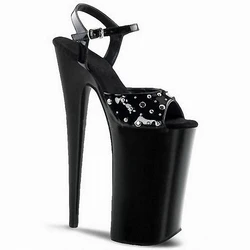 New Style Black Rivet Patent Leather Baking Paint Gothic Punk Women's Pole Dance Shoes 8 Inch High Stripper Heeled 20cm Buckle