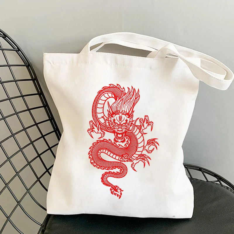 Dragão estilo chinês impressão tote saco de compras harajuku unisex casual bolsa shopper bolsas de ombro bolsa de lona feminina